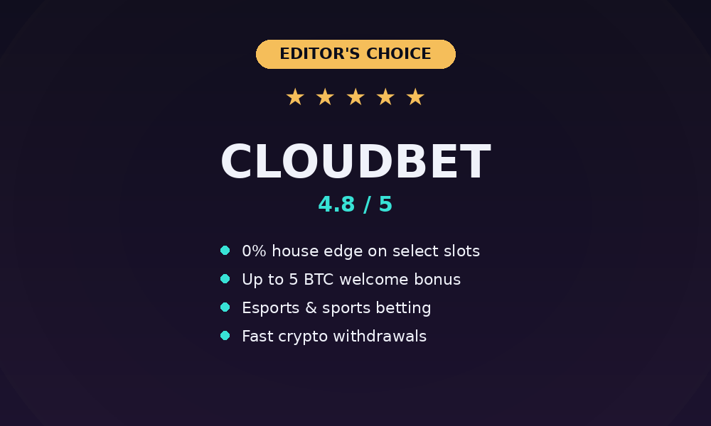 Cloudbet crypto casino editor's choice badge, 4.8 out of 5 rating