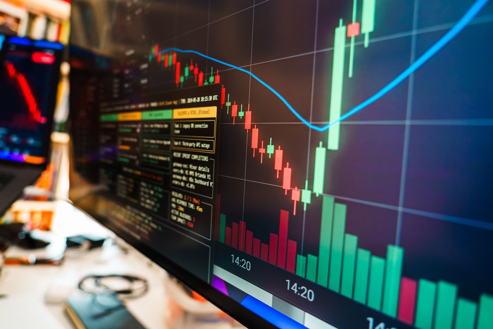 Candlestick chart of a cryptocurrency on a trading monitor