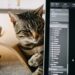 Tabby cat peeking out next to a laptop screen
